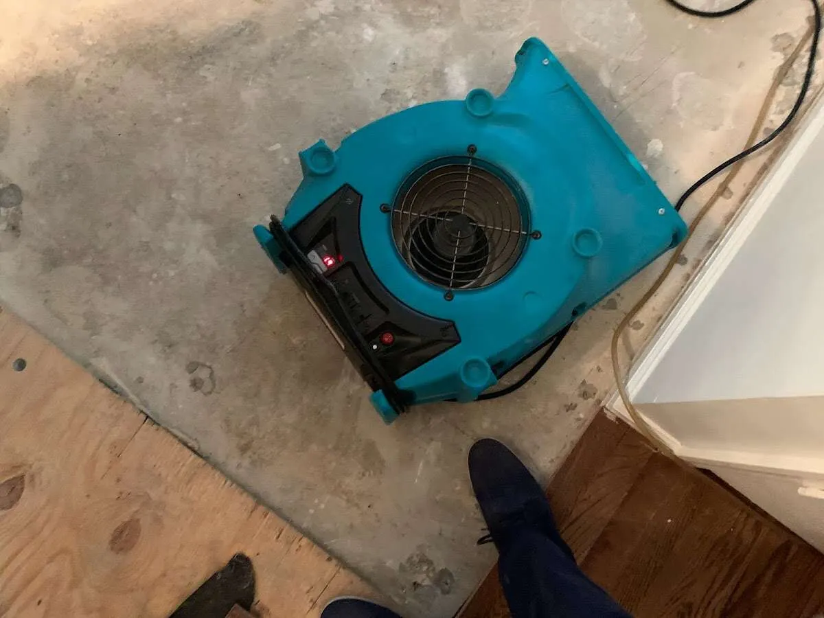 Air mover drying subfloor during Leak Detection & Repair in Chanhassen